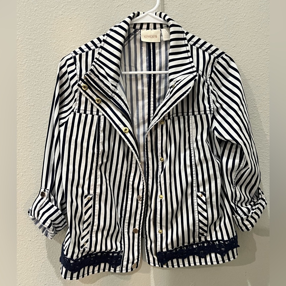 Chico's Navy and White Striped Utility Jacket
